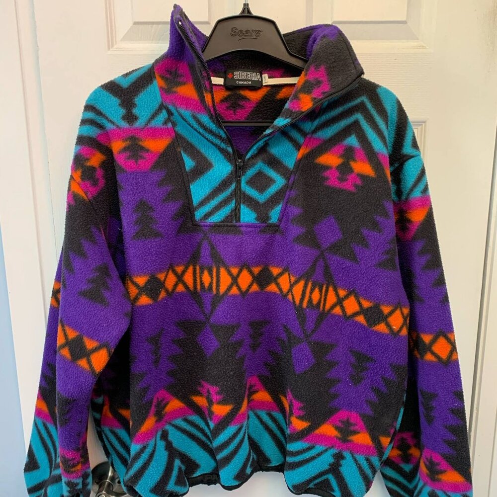 Vintage Colorful Fleece Half-Zip Pullover Sweater - Sz. L